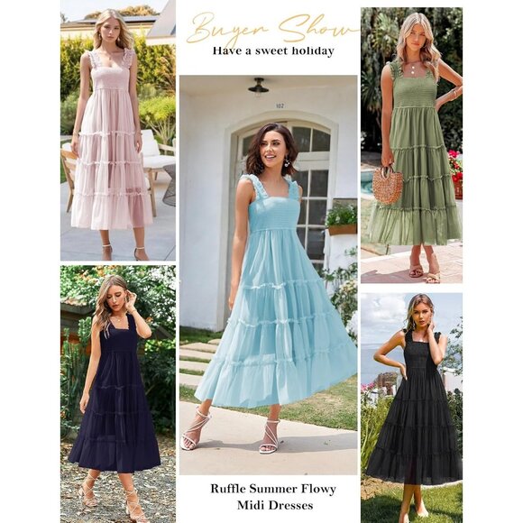 Women's Summer Midi Dress Tulle Flowy Smocked Square Neck Ruffle - Picture 7 of 7